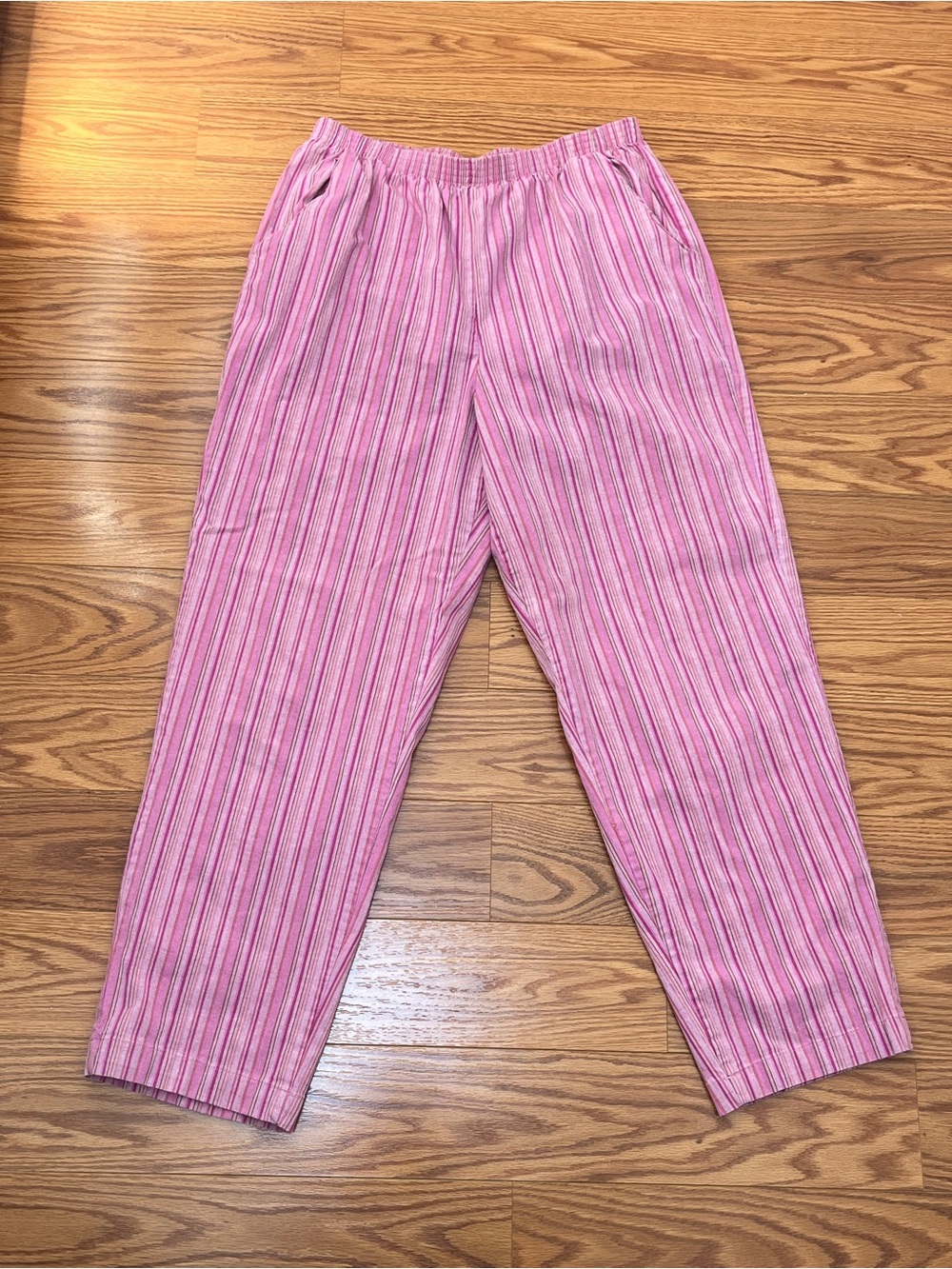 Vintage Pink Striped Elastic Waist Pants, Size Medium, Cotton, Pockets